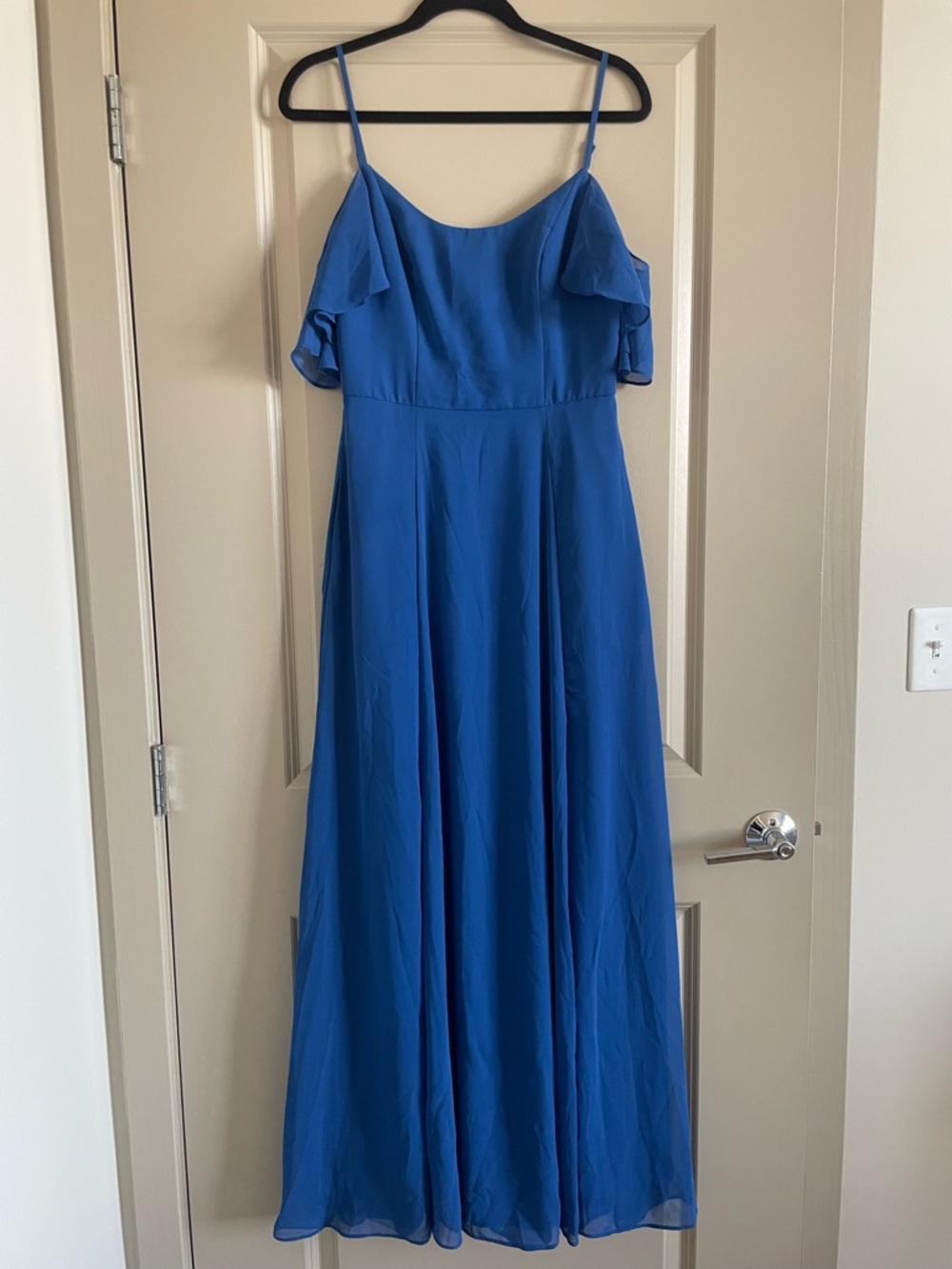 David's Bridal Royal Blue Off-Shoulder Spaghetti Strap Maxi Dress
